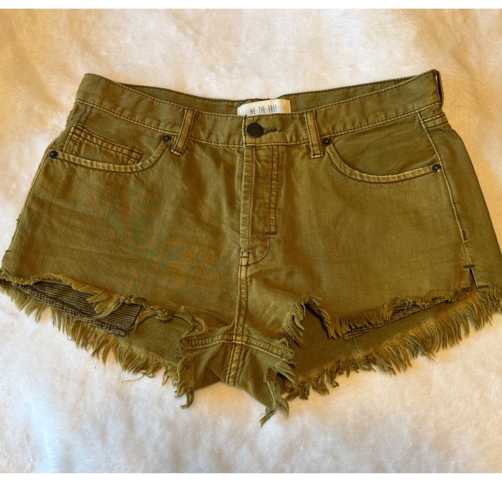 We The Free Women Olive Green Denim Cutoff Shorts Frayed Hem Size 29